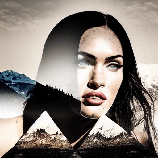 Prompt: double exposure effect of megan fox and beautiful mountain scenery, in the style of brandon kidwell