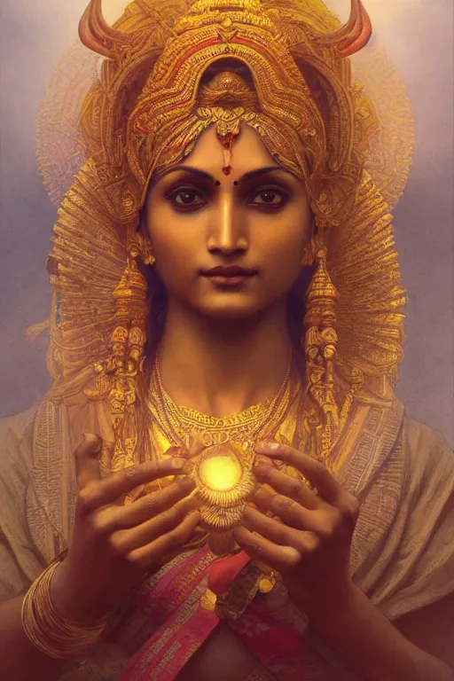 Prompt: a indian women god with eight hand gold color, concept art, art station, digital yellow red sun, smooth, sharp focus, illustration, art by Yoshitaka Amano, artgerm and greg rutkowski and alphonse mucha and william-adolphe bouguereau