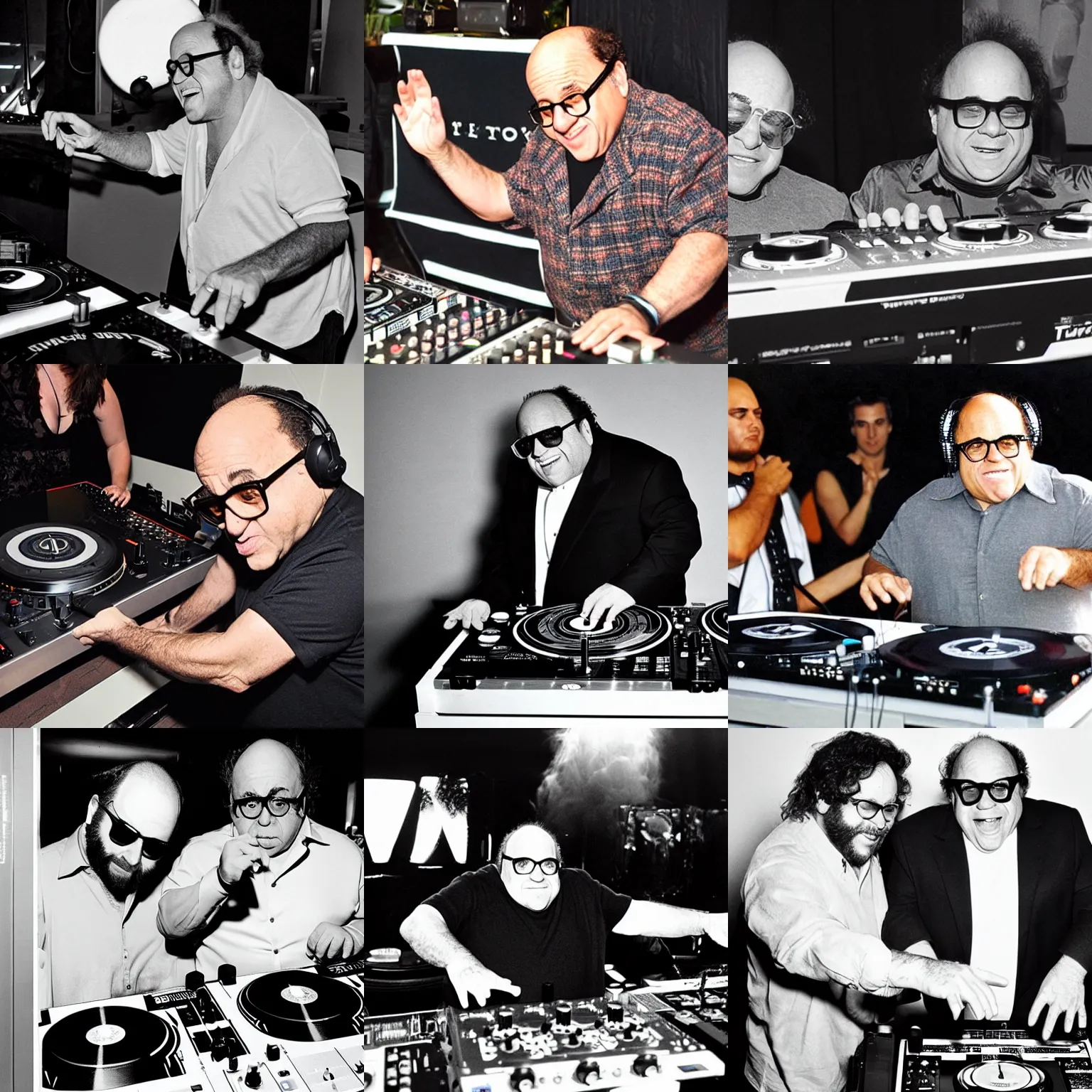 Prompt: danny devito DJing with DJ turntables, photoreal