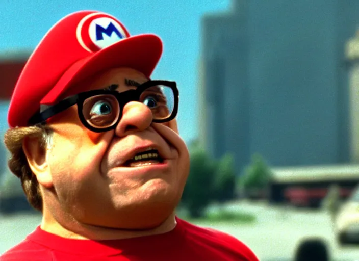 Prompt: film still of danny devito wearing his glasses as mario in super mario bros movie 1 9 9 3, 4 k