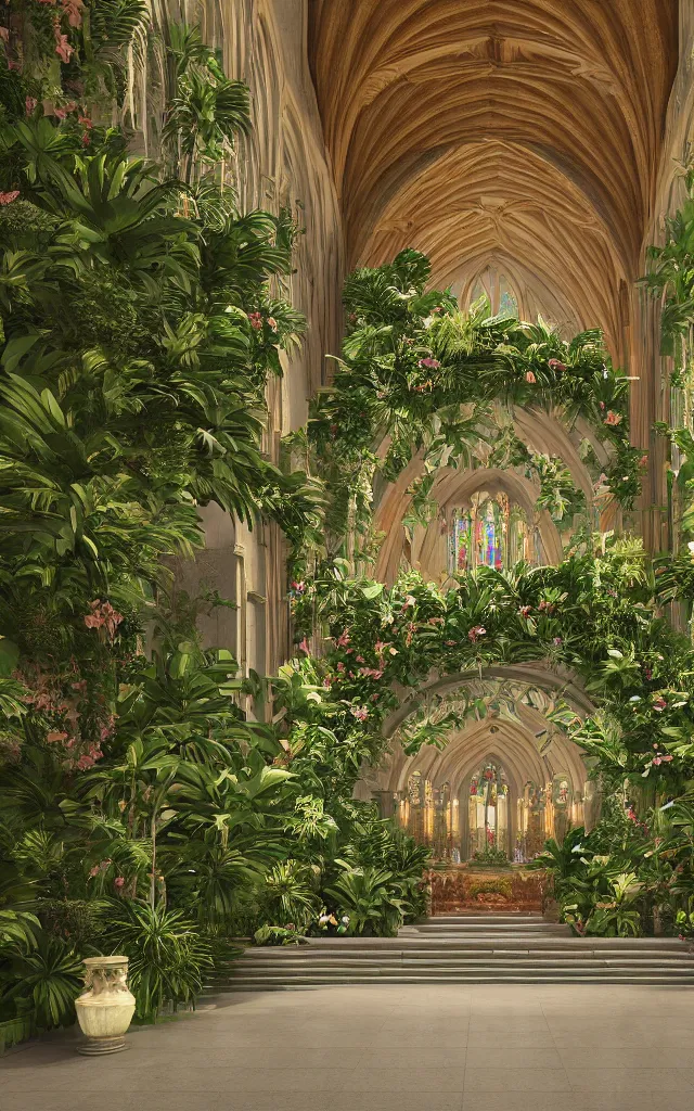 Prompt: grand cathedral interior with koi pond in the middle surrounded by palm trees, ivy, flowers, tropical plants, roses, and with archways, rendered in octane render with photorealistic lighting, cinematic, horizontal symmetry