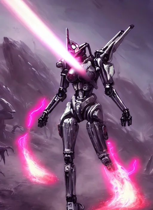 Image similar to epic cinematic shot of singular stunning beautiful hot anthropomorphic mecha female dragon fighting in the nuclear war with laser rifle, has silver armor and fuchsia skin, skeletons on the ground, bleak atmosphere, warframe fanart, terminator art, epic scale, furaffinity, deviantart, octane