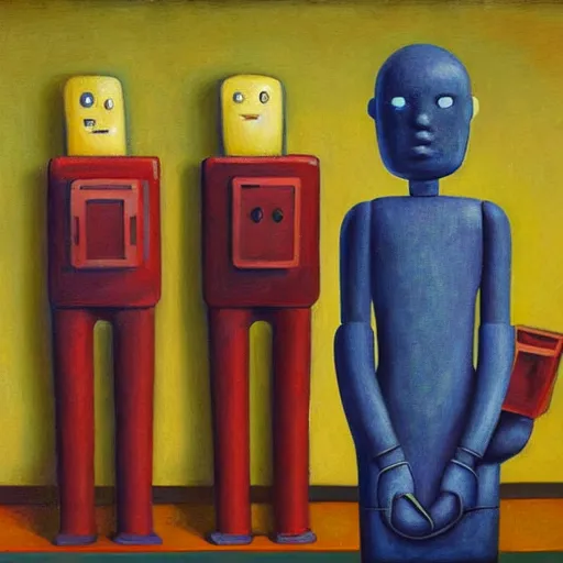 Image similar to robots queue up for cupcakes, grant wood, pj crook, edward hopper, oil on canvas