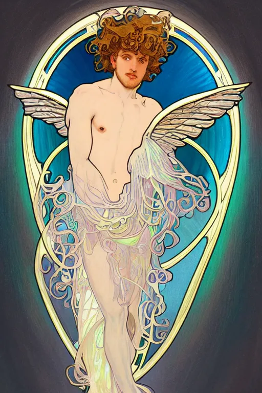 Image similar to full figure art nouveau window depicting a young fit male angel with curly blond hairs, dressed with fluent clothes, majestic wings, luminous halo, by alfons mucha, d & d character, gradient white to gold, in front of an iridescent background, highly detailed portrait, digital painting, artstation, concept art, smooth, sharp focus, illustration, artstation hq