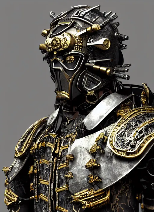 Image similar to hyper realistic glorious ancient samurai in a obsidian metal armor, futuristic design, designed by makoto kobayashi and luca zampriolo, portrait, cyberpunk style, wood and gold details, intricate, extremely detailed, ornate, deep of field, hard surface, exoskeleton, substance designer metal unreal engine. amazing likeness. very detailed.