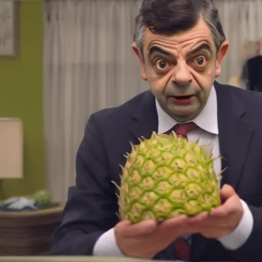 Image similar to rowan atkinson as mr. beans stealing a pineapple from target store, johnny english, focused face, realistic photo, uhd