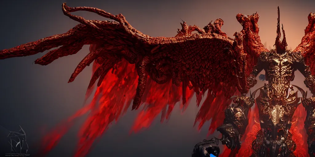 Prompt: painting of god of hell with intricate armor spreading wings, immaculate scale, hyper-realistic, Unreal Engine, Octane Render, digital art, trending on Artstation, 8k, detailed, atmospheric, immaculate