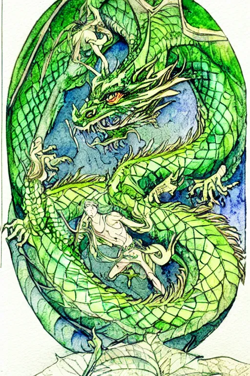 Image similar to green dragon watercolor painting in the center of a circular frame of leaves, art by walter crane and arthur rackham, illustration style, watercolor