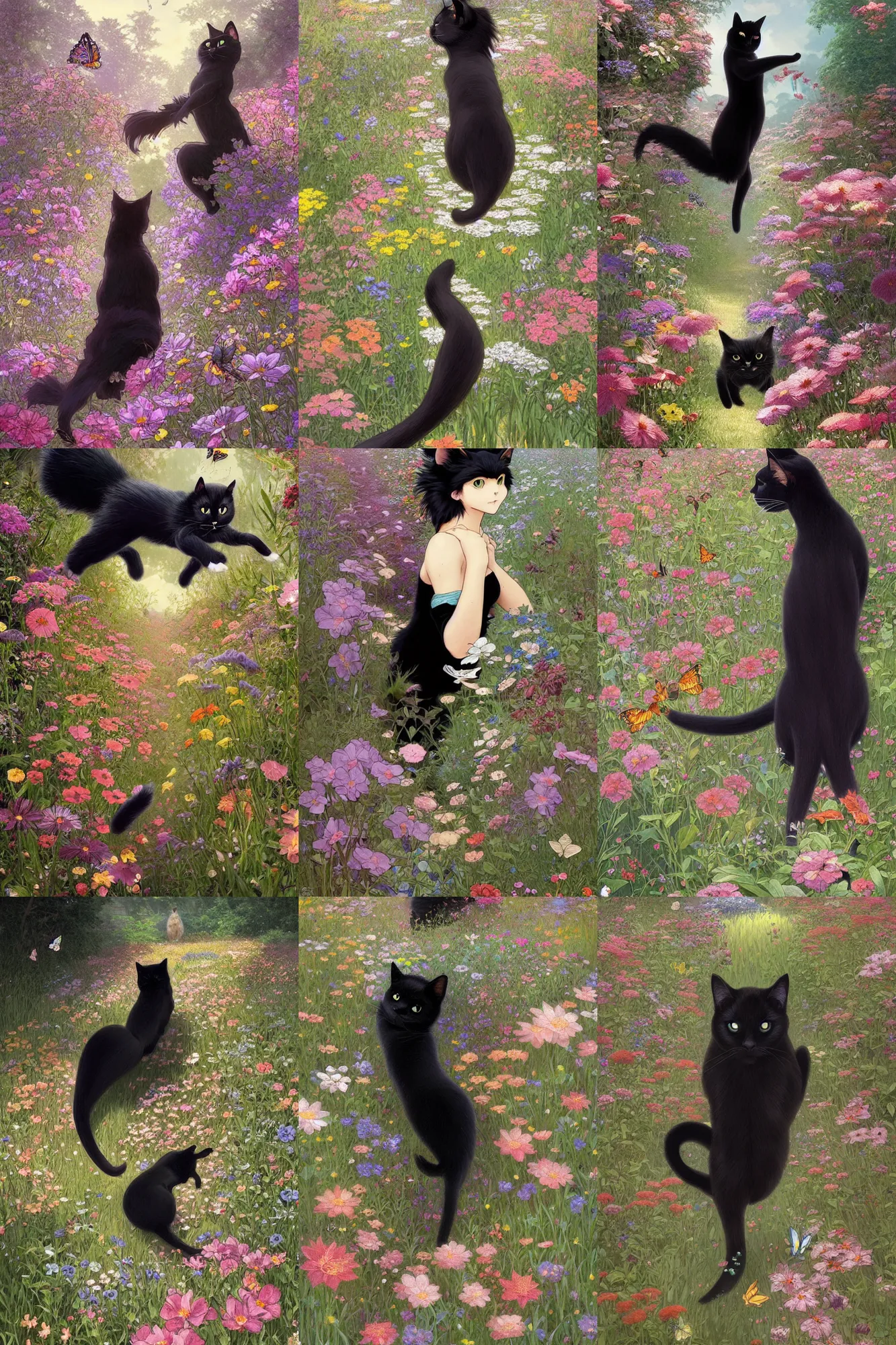 Prompt: beautiful cottagecore Black Cat chasing butterflies in a dense flower garden, Studio Ghibli, intricate, elegant, highly detailed, digital painting, artstation, concept art, smooth, sharp, focus, illustration, art by artgerm and greg rutkowski and alphonse mucha