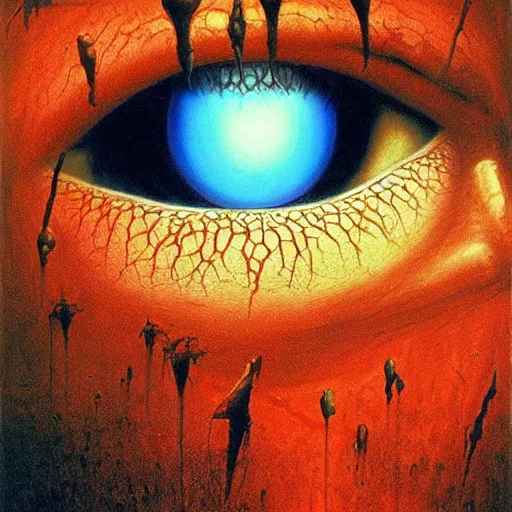 Prompt: RED EYE, BLUE EYE, RED EYE, BLUE EYE by Zdzislaw Beksinski, Jeffrey Smith and H.R. Giger, oil on canvas, 8k highly professionally detailed, trending on artstation