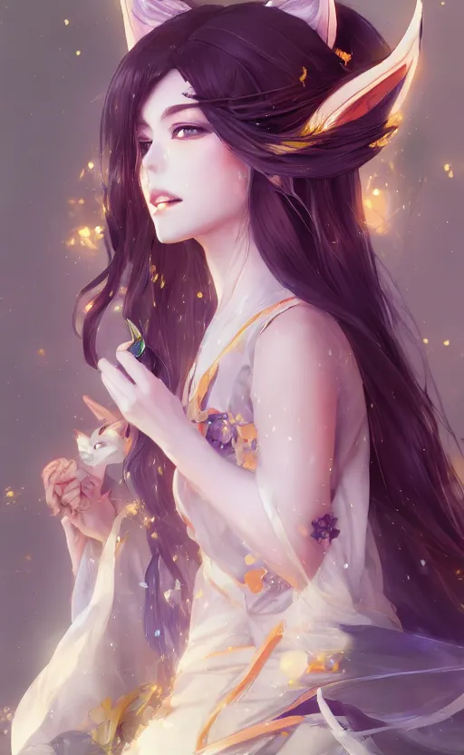 Image similar to A beautiful anime-style digital concept portrait of a beautiful young sorceress with fox ears and nine fox tails wearing a kimono, by Stanley Artgerm Lau, WLOP, Rossdraws, LeraPi, and Sakimichan, trending on ArtStation
