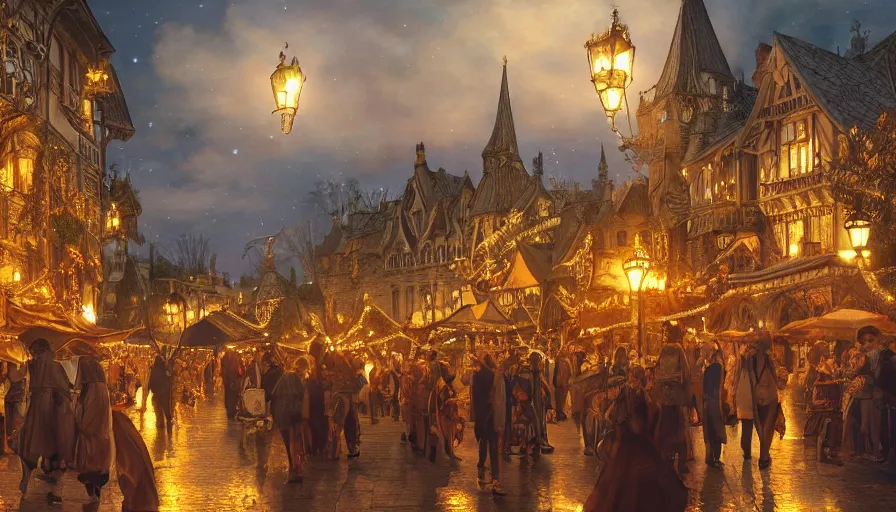 Image similar to medieval city festival near lake at night, beautiful lit lamps, 8 k highly detailed art, intricate, stanley lau, artgerm, artstation, smooth, far shot, wlop, alphonse mucha, cinematic shot, cinematic lighting