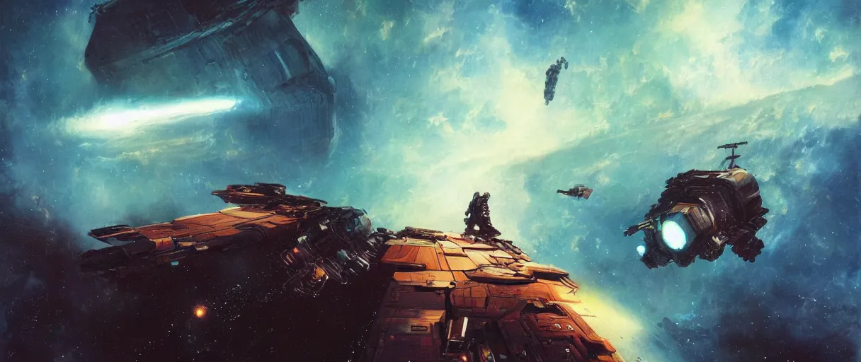 Prompt: concept art, exploration spaceship drifting in space, the expanse tv series, industrial design, titanfall 2 game, immensity, alone in a nebula, space debris, cinematic lighting, 4k, widescreen ratio, by sparth, beksinski