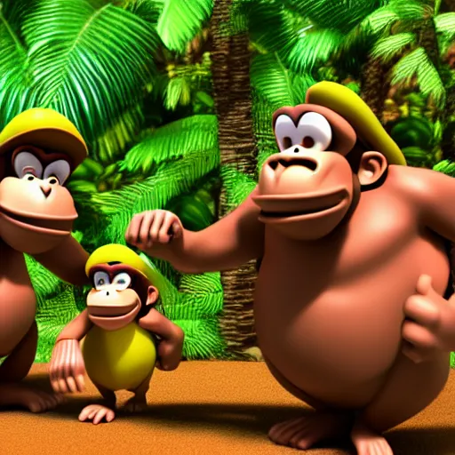 Image similar to Donkey Kong and Diddy Kong surrounded by tropical trees and barrels, 3D render, detailed clay model