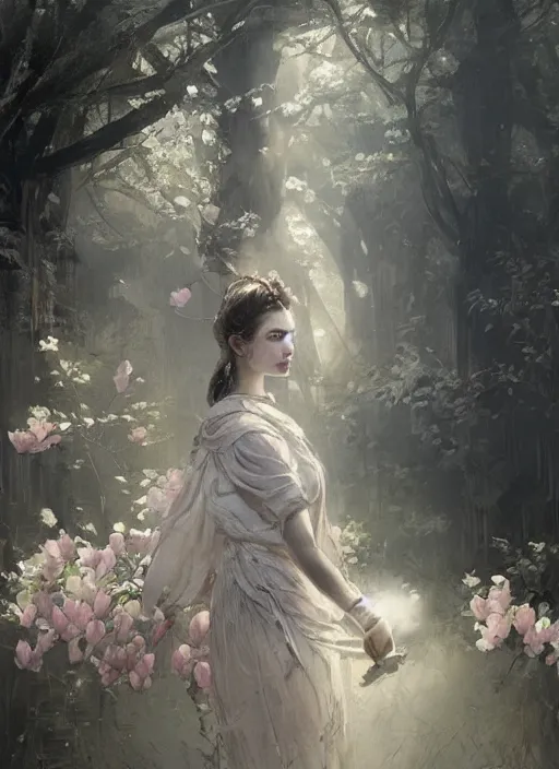 Image similar to female goddess of magnolias, beautiful face, rule of thirds, intricate outfit, backlit, by greg rutkowski, by jeremy mann, digital painting