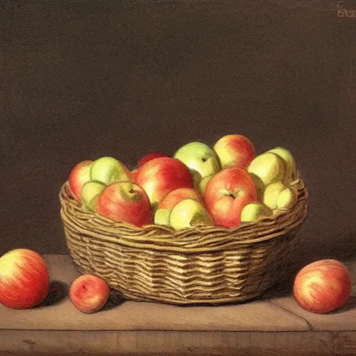 Image similar to a painting of a basket of apples and a can of yogurt, a still life by Beatrix Potter, featured on deviantart, naive art, storybook illustration, watercolor, photoillustration