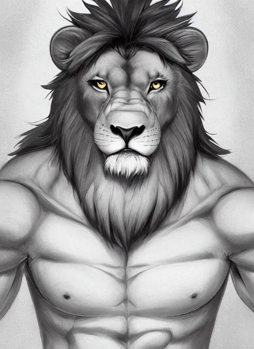 Image similar to award winning beautiful portrait commission art of a buff male furry anthro lion fursona with a cute beautiful attractive detailed furry face wearing gym shorts and a tanktop. Character design by charlie bowater, ross tran, artgerm, and makoto shinkai, detailed, inked, western comic book art