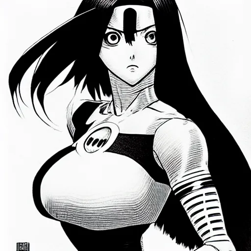 Image similar to alita by yukito kishiro. medium shot. black and white manga. pencil drawing.