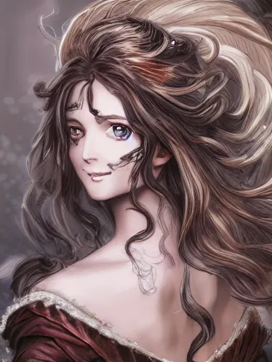 Image similar to a smiling woman, long hair, baroque style, elegant, beautiful, mesmerizing, concept art, fancy clothing, highly detailed, artstation, behance, deviantart, inspired by innocent manga, inspired by castlevania concept art, trending, ayami kojima, shinichi sakamoto