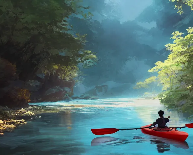 Image similar to a kayak in a river. blue water, atmospheric lighting. by makoto shinkai, stanley artgerm lau, wlop, rossdraws, james jean, andrei riabovitchev, marc simonetti, krenz cushart, sakimichan, d & d trending on artstation, digital art.