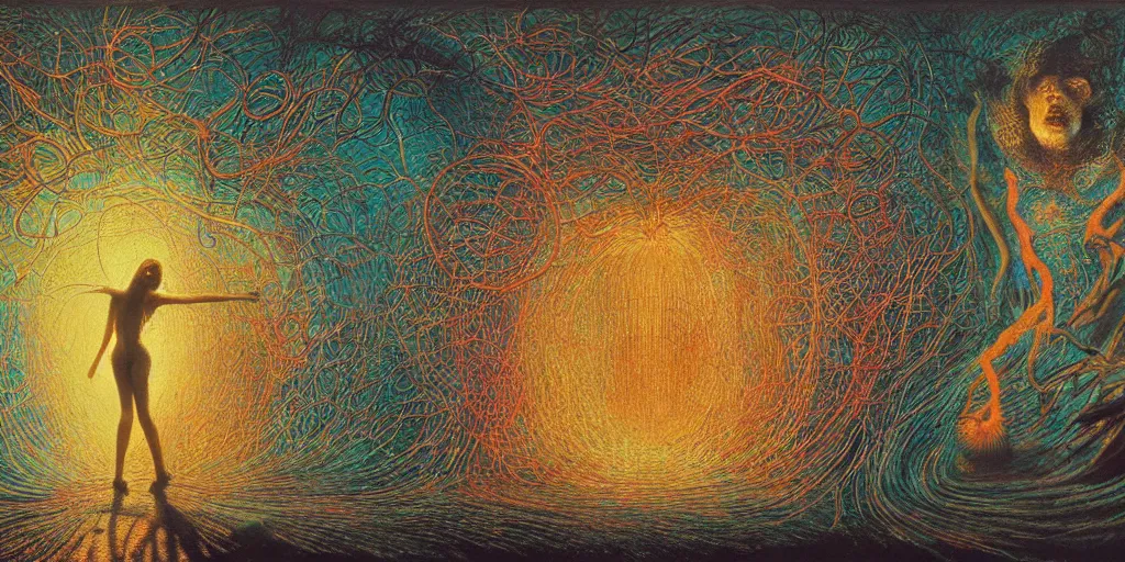 Image similar to a multiverse interpretation of a single scene with a girl, quantum physics, neon explosion of light, zdzislaw beksinski, by ernst haeckel, 8 k concept art, incredible masterpiece