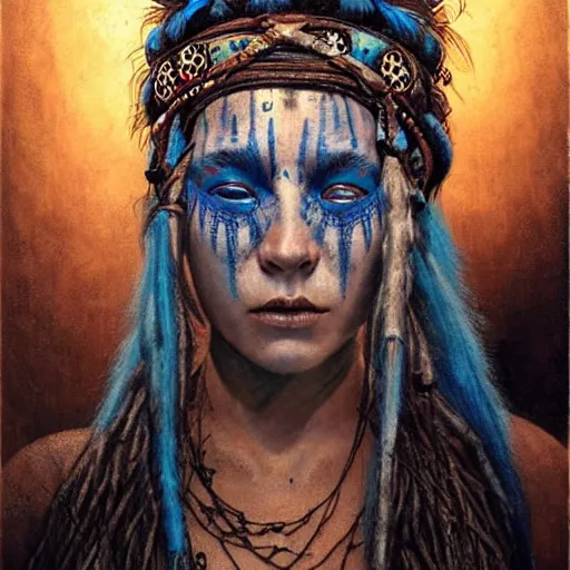 Image similar to A young blindfolded shaman woman with a decorated headband performing a pagan ritual, in the style of heilung, blue hair dreadlocks and wood on her head, tribal piercing and tatoos , atmospheric lighting, intricate detail, cgsociety, ambient light, dynamic lighting, art by karol bak