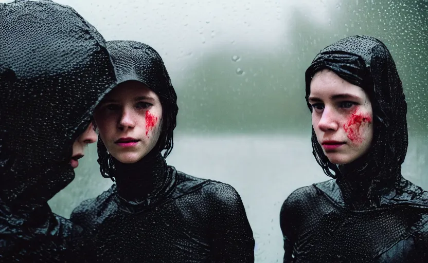 Image similar to cinestill 5 0 d candid photographic portrait by helen levitt of two loving female androids wearing rugged black mesh techwear in treacherous waters, extreme closeup, modern cyberpunk moody depressing cinematic, pouring rain, 8 k, hd, high resolution, 3 5 mm, f / 3 2, ultra realistic faces, ex machina