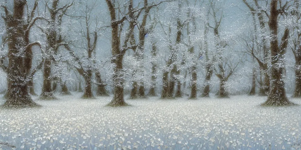 Image similar to Artwork by John Howe of huge piles of white petals here make this clearing look like a snowy wonderland.