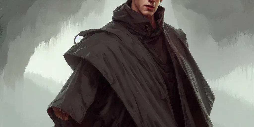 Image similar to european ( ( ( ( bald young man ) ) ) ) dressed in raincoat, male, clear face, masculine, upper body, highly detailed, digital painting, artstation, concept art, matte, sharp focus, illustration, art by artgerm and greg rutkowski and alphonse mucha