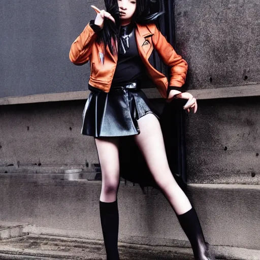 Prompt: a dynamic, epic cinematic 8K HD movie shot of a japanese beautiful cute young J-Pop idol actress yakuza rock star girl wearing leather jacket, miniskirt, nylon tights, high heels boots, gloves and jewelry. Motion, VFX, Inspirational arthouse, at Behance, with Instagram filters