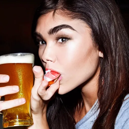 Image similar to 4k,ultra detailed portrait of Madison Beer drinking beer at the parking lot by Rachel Ruysch