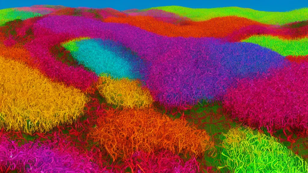 Prompt: digital illustration of a field of giant vibrant multi - colored chinese bellflowers by dr. seuss, reimagined by ilm and beeple : 1 | megaflora by dr. seuss, spectral color, rolling hills : 0. 9 | fantasy : 0. 9 | unreal engine, deviantart, artstation, hd, 8 k resolution : 0. 8