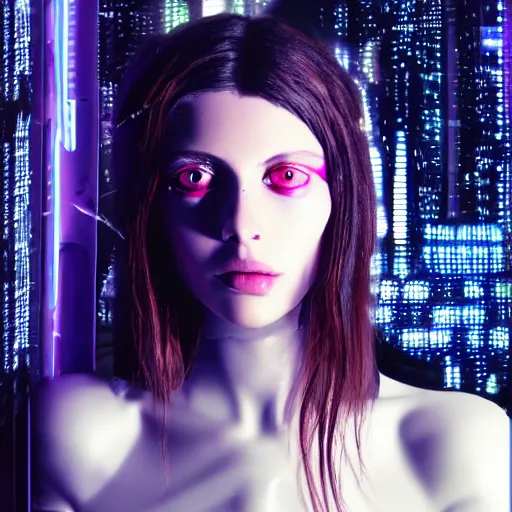 Image similar to charlotte kemp muhl as a cyborg android, giger, futuristic, cyberpunk, neon, vivid color, high resolution, 8 k detail