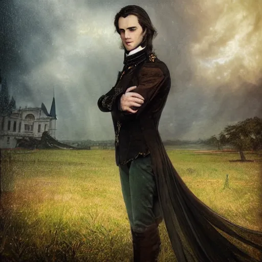 Image similar to Majestic and regal portrait of the green eyed brown haired vampire Louis de Pointe du Lac, New Orleans, 1805 plantation in the background, intricate, epic, elegant, menacing, fantasy, highly detailed, digital painting, hard focus, beautiful volumetric lighting, epic light, ultra detailed, by Leesha Hannigan, Ross Tran, Thierry Doizon, Kai Carpenter, Ignacio Fernández Ríos