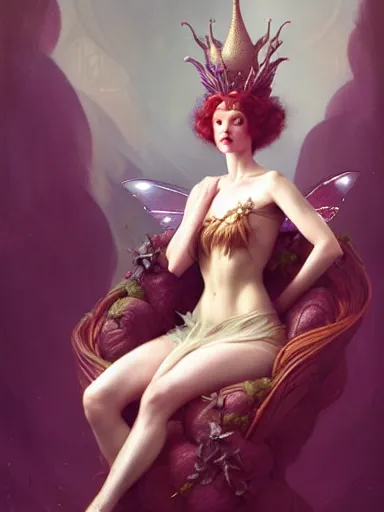 Prompt: the fairy queen on her throne, by james jean, charlie bowater, tom bagshaw, nikolay makovsky : : portrait, character design, illustration, hyperrealism, photorealism, digital art, concept art, fantasy, whimsy, weta, wlop, artstation