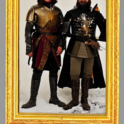 Prompt: richard sharpe as a medieval lord dressed in black against a snowy background standing next to ned stark as a young man in a british military uniform from the napoleonic wars