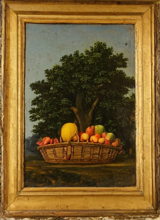 Prompt: a 1 6 th century oil painting of a fruit in a basket beside a tree. high quality scan