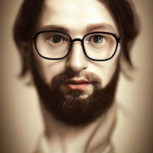 Prompt: realistic photo portrait of a man wearing glasses, looking like leonardo da vinci, renaissance style, volumetric lights, trending on artstation, studio photo, intricate details, highly detailed