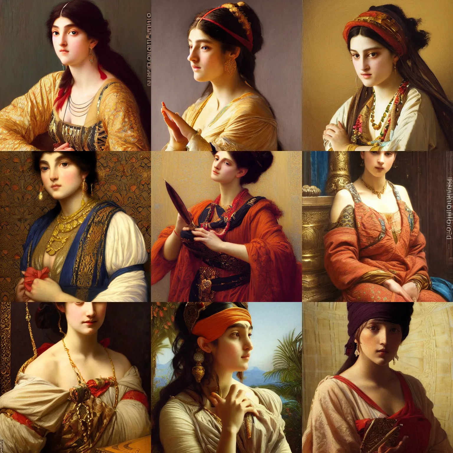Prompt: orientalist portrait the princess by Alexandre Cabanel and Theodore Ralli and Nasreddine Dinet and Adam Styka, masterful intricate artwork. Oil on canvas, excellent lighting, high detail 8k