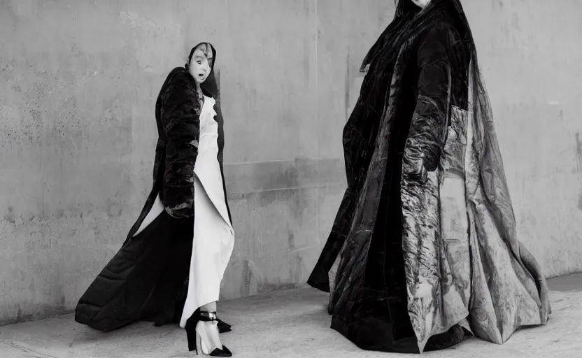 Image similar to beautifully lit fashion portrait of extremely beautiful black female marble statue wearing huge oversize quilted flowing floor length long puffer jacket by dingyun zhang, yeezy, balenciaga, vetements, a cold wall, sharp focus, clear, detailed, romantic, brutalist architecture in background, detailed, white, soft, symmetrical, vogue, editorial, fashion, magazine shoot, glossy