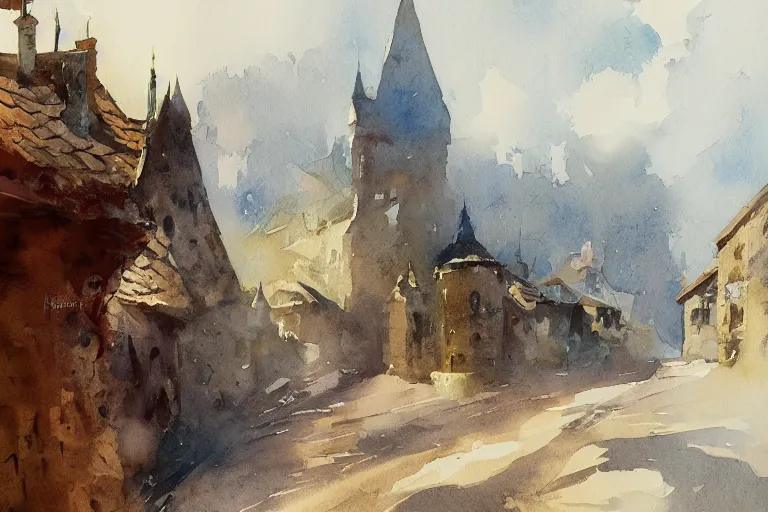 Image similar to small centered on watercolor paper, paint brush strokes, abstract watercolor painting of medieval city entrance, outside stone walls, rough rock, heavy port, cinematic light, national romanticism by hans dahl, by jesper ejsing, by anders zorn, by greg rutkowski, by greg manchess, by tyler edlin