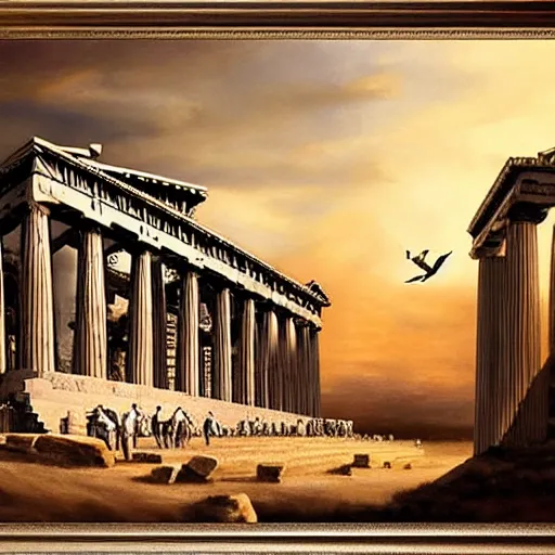 Prompt: the Parthenon with wings on its sides, flapping its wings flying in sunset sky, oil on canvas, intricate, 8k highly professionally detailed, HDR, CGsociety