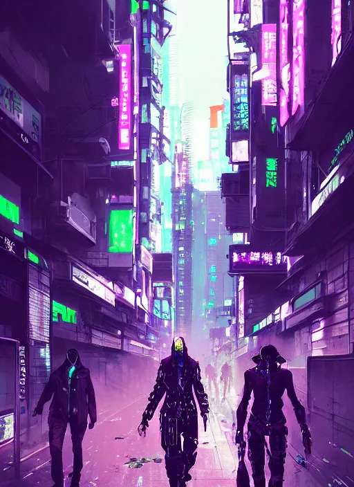 Image similar to cyberpunk metal hunters walking in shinjuku, green and purple hour by ismail inceoglu