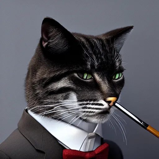 Image similar to a high quality photo of a cat wearing a suit and smoking, render, ultra realistic, cgsociety