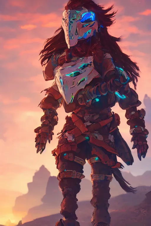 Image similar to combination suit armor aloy horizon forbidden west horizon zero dawn radiating a glowing aura global illumination ray tracing hdr fanart arstation by ian pesty and alena aenami artworks in 4 k tribal robot ninja mask helmet backpack