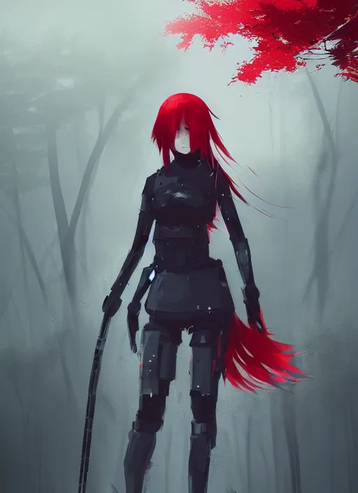 Image similar to red haired japanese girl in light black armor, midfigure front, grey forest background, by ismail inceoglu