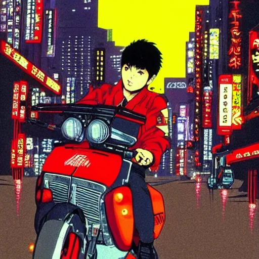 Prompt: kaneda on his bike in neo tokyo looking for akira, night, neon lights, speed, art by katsuhiro otomo