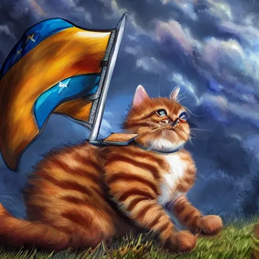 Prompt: a hyper real comic book style portrait painting in which a small cat holding a flag is riding a large fluffy cat on noble quests and into battle where backgrounds are wild and interesting with fascinating skies and epic terrain