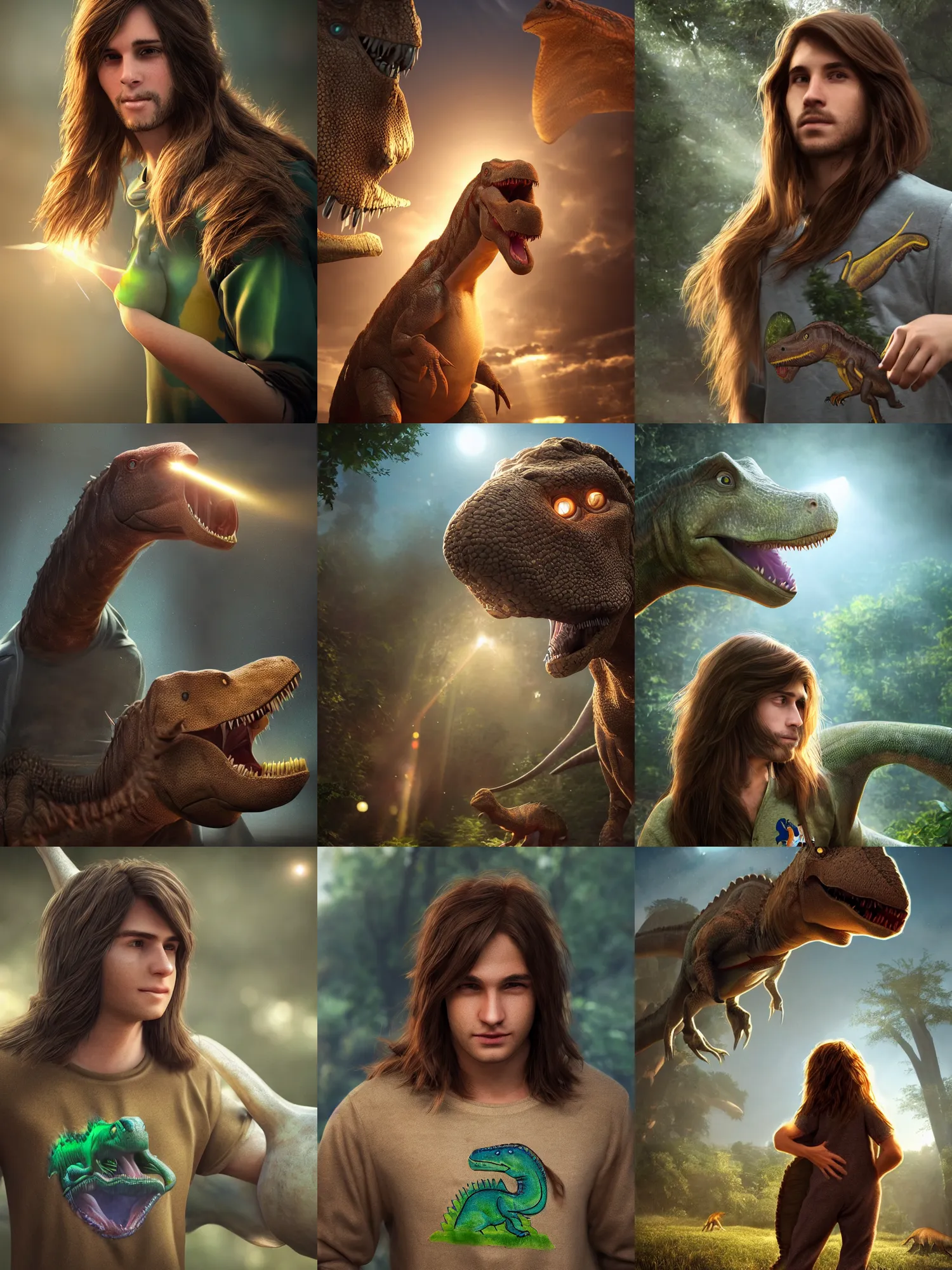 Prompt: young man with long brown hair wearing a dinosaur onsie!!!, ultra realistic, lens flare, atmosphere, glow, detailed, intricate, full of colour, cinematic lighting, trending on artstation, 4 k, hyperrealistic, focused, extreme details, unreal engine 5, cinematic, masterpiece