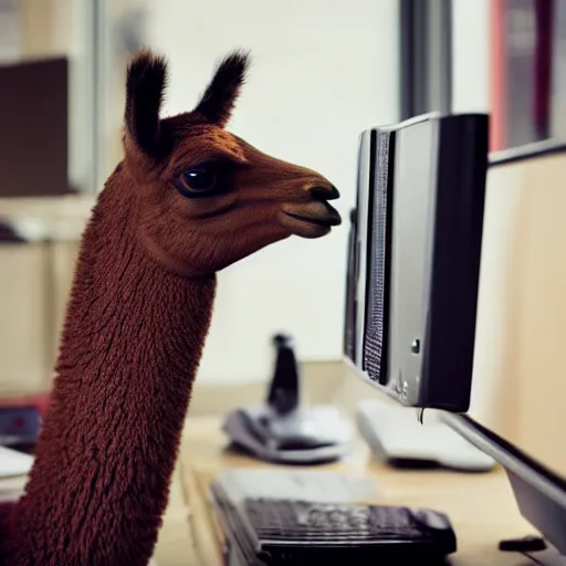 Prompt: photo of Llama in an office, wearing a suit and spectacles, looking at a computer, coffee mug, 50mm, beautiful photo